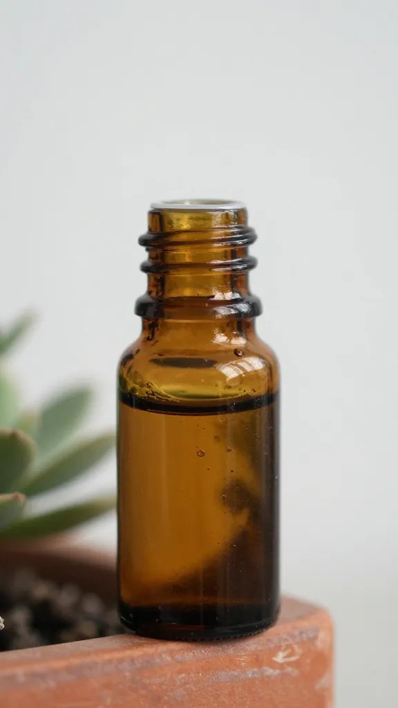 Macro shot of essential oil bottle near planter edge