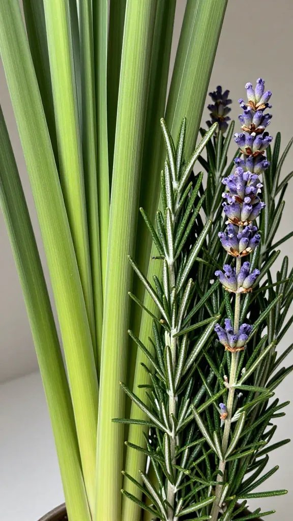 Closeup of plant arrangement: citronella, rosemary, lavender trio