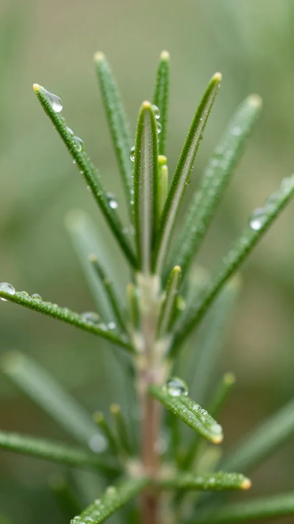 Closeup of water droplets on rosemary needles