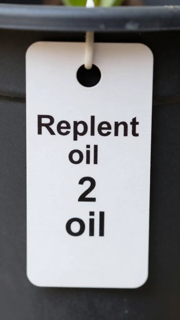 Closeup of planter label or tag highlighting repellent oils