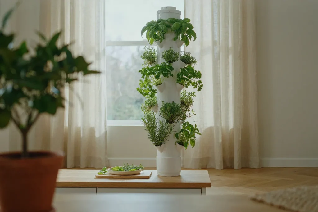 Herbs growing in hydroponic tower