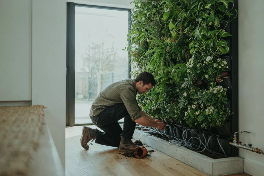 Living wall construction with irrigation system installation