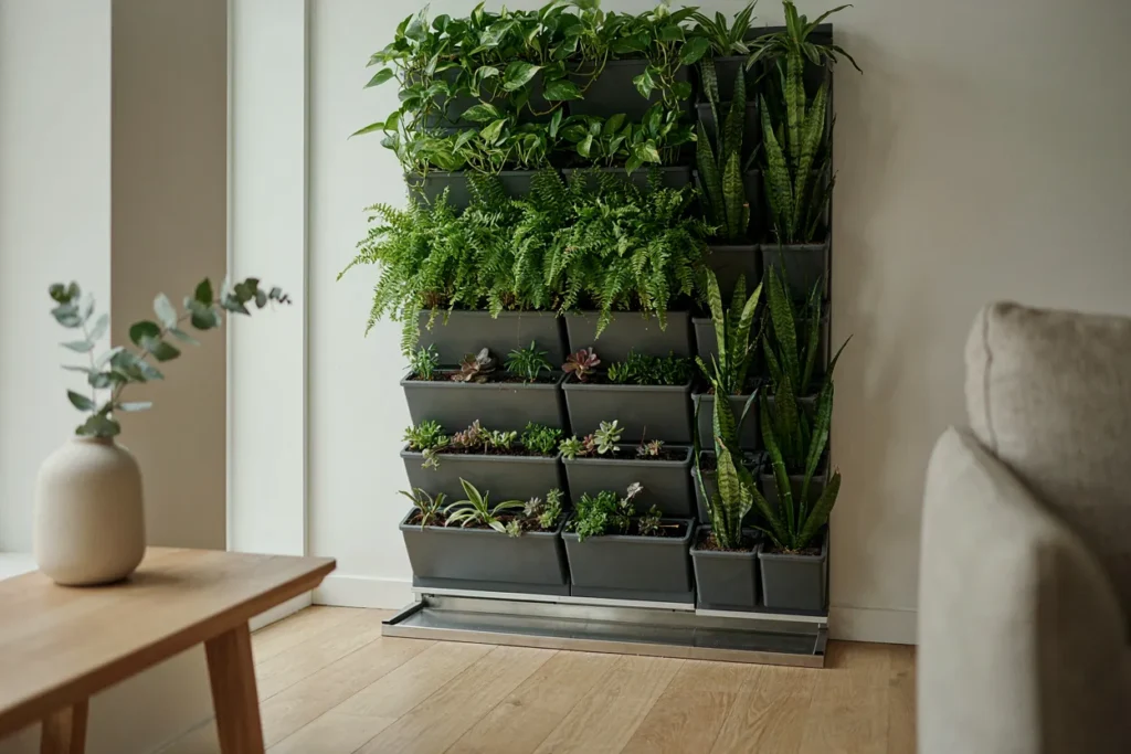 Modern vertical garden with integrated drainage