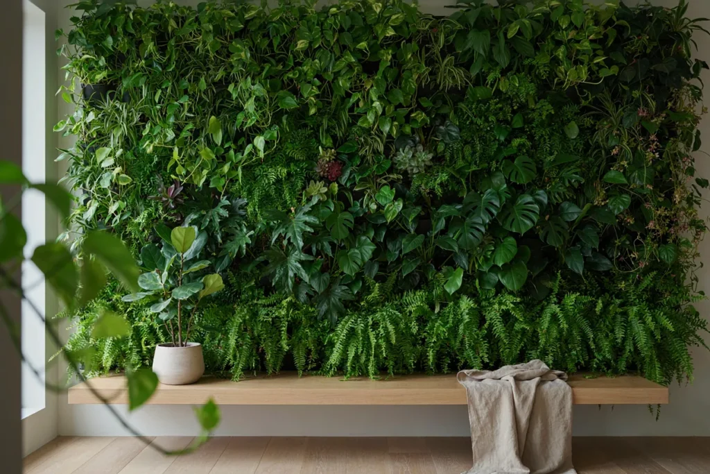 Office vertical garden with various plants