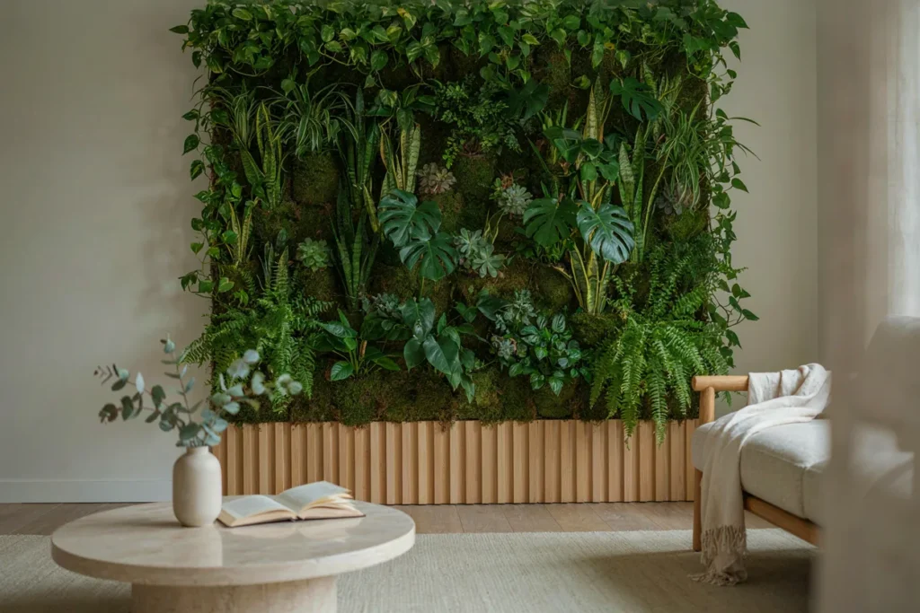 Healthy plants in vertical garden setup